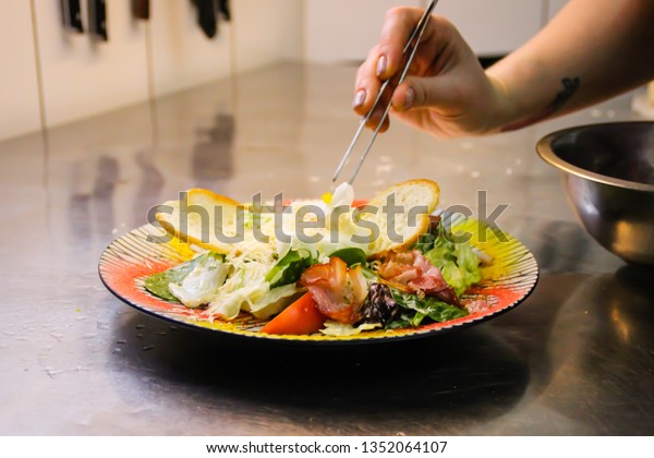 Chef Cooking Caesar Salad Poached Egg Stock Photo Edit Now