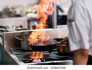 Chef cooking with flame in a frying pan on a kitchen stove - Shutterstock ID 1428621308