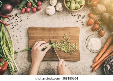 Chef Cooking Food Kitchen Restaurant Cutting Prepare Cook Hands Healthy Hotel Man Male Knife Preparation Fresh Preparing Young Natural Culinary Domestic Desktop Dietary Red Concept - Stock Image 