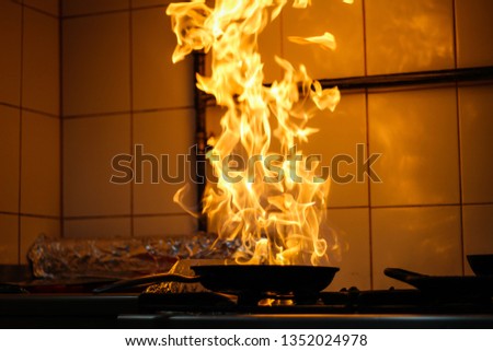 The chef cooking and makes a fire in a pan. Cooking with fire. Crown food.Flame on kitchen