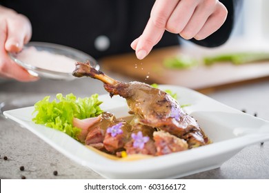 Chef Cooking Restaurant Food Salad Sauce Gourmet Molecular Decorating Kitchen Dish Garnish Plate Serving Lunch Top Dinner Concept - Stock Image