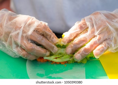 Chef Cooking Steps To Make Fresh Spring Rolls With Salad Vegetable And Shrimp Eggs On Hand Cook, In Outdoor Restaurant Kitchen.