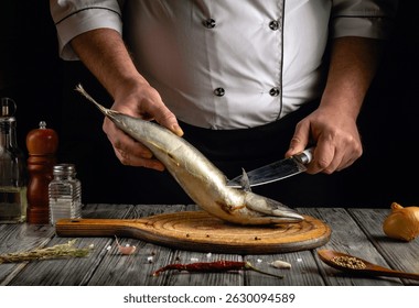 A chef demonstrates expert technique while filleting a fresh fish in a cozy kitchen. Various ingredients and utensils surround the wooden cutting board, highlighting an evening of culinary creativity.