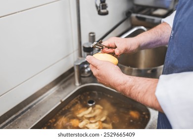 A chef efficiently peels potatoes over a sink in a professional kitchen, showcasing culinary preparation techniques and attention to detail, essential for cooking delicious meals. - Powered by Shutterstock