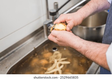 A chef efficiently peels potatoes over a sink in a professional kitchen, showcasing culinary preparation techniques and attention to detail, essential for cooking delicious meals. - Powered by Shutterstock