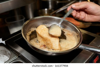 Chef Is Frying Chilean Seabass Fillet With Butter