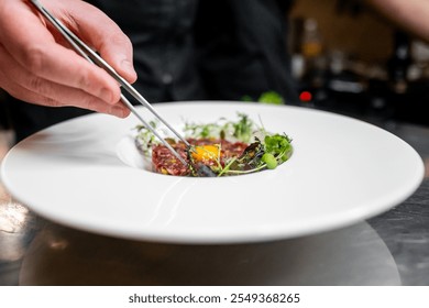 A chef garnishes a gourmet dish with tweezers, focusing on the intricate details of plating. The scene captures the artistry and precision of high-end culinary presentation in a professional kitchen. - Powered by Shutterstock