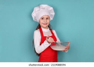 Chef Girl Kneading Dough Isolated On Blue Background