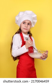 Chef Girl Kneading Dough Isolated On Yellow Background