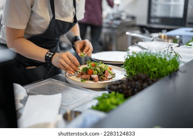 chef hand cooking Roast beef salad with vegetables on restaurant kitchen - Powered by Shutterstock