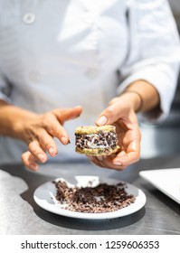 A Chef Hand Prepping A Raw, Vegan, Plant Based Ice Cream Cookie