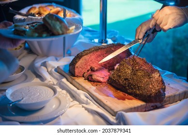 The Chef Hands Cutting Meat During Wedding In Marietta Country Club, GA