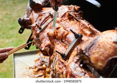 Chef Hands cutting whole grilled pork for steaks with knife. Pig grilled traditional coal and fire. The little pig is roasted whole on an open fire. Pig on the spit - Shutterstock ID 1998585875