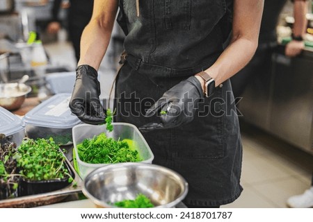 chef hands hold green leavs on kitchen