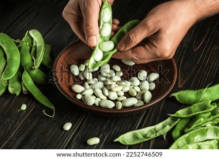 The chef hands while working in the kitchen. The cook separates the beans from the green pods. Copy space