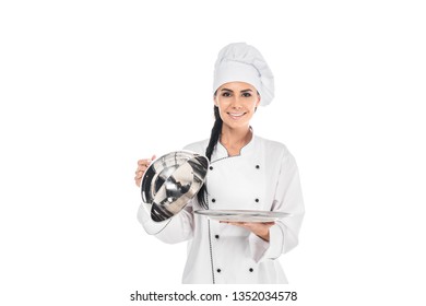 Chef In Hat Holding Tray With Cloche Isolated On White