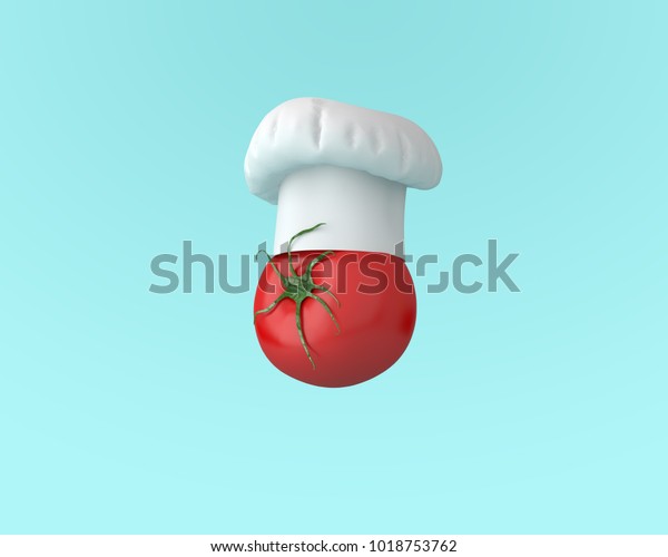Kochmutze Mit Tomatenkonzept Auf Pastellblauem Hintergrund Stockfoto Jetzt Bearbeiten