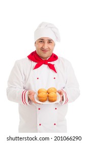 Chef Holding Plate With Muffins Wearing Red And White Uniform Over White Background 