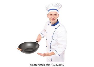 A Chef Holding A Wok Welcoming Isolated Against White Background