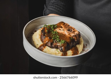 A chef holds a plate featuring a succulent piece of meat with rich gravy, served on a bed of creamy mashed potatoes, garnished with fresh herbs. Perfect for gourmet food showcases. - Powered by Shutterstock