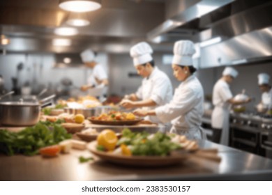 Chef in hotel kitchen preparing and decorating food, blur background - Powered by Shutterstock