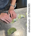 Chef making anolini with spinach filling, a typical dish from Vigoleno, Piacenza, Italy, during food preparation on a stainless steel table