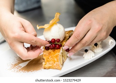 Chef Making Apple Strudel With Ice Cream