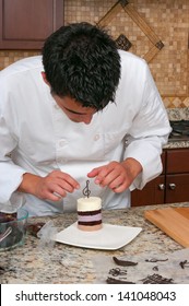 Chef Making Mousse Cake And Decorating