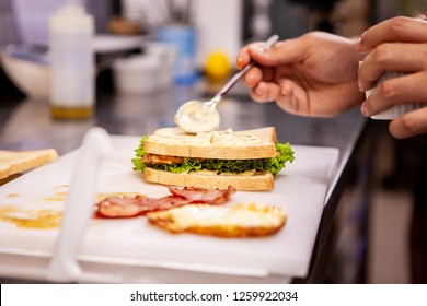 Chef Making Sandwich With Fresh Ingredient.Delicious Nutrition