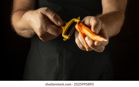 Chef peels carrot with a vegetable peeler before preparing a vegetable dish for lunch. The concept of preparing a vegetable tasty diet in the kitchen. - Powered by Shutterstock