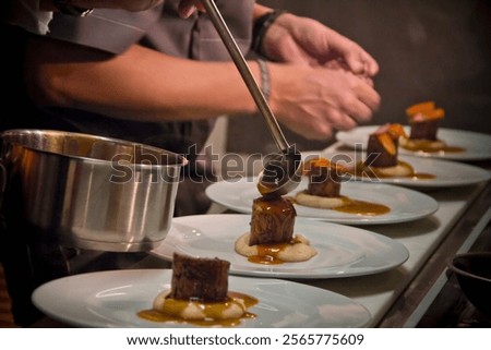 Chef plating food at a fine dining restaurant, motion close-up.