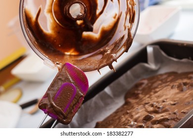 Chef Pouring Cake Batter In A Baking Tin, Close Up