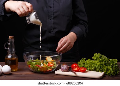 Chef Pouring Sauce On Caesar Salad, Cooking Process, Restaurant Concept