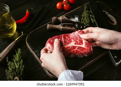 Man Cuts Fresh Meat For Steak Images Stock Photos Vectors Shutterstock