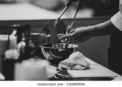 Chef Preparing Food, Chef Cooking In A Kitchen, Chef At Work, Black & White