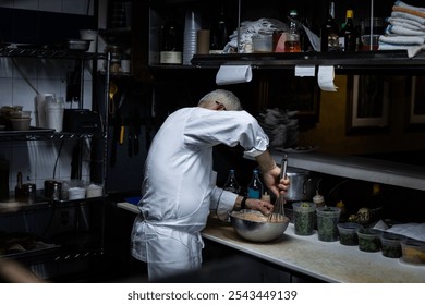 Chef preparing food in gourmet restaurant kitchen late at night - Powered by Shutterstock