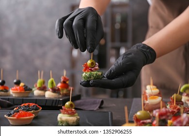 Chef Preparing Tasty Canapes For Serving