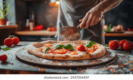 Chef Preparing Traditional Margherita Pizza, Chef adding toppings to pizza in a professional kitchen - Powered by Shutterstock