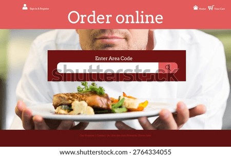 Chef is presenting meat and vegetable dish in flat design online order interface with search box. Culinary, cuisine, gastronomic, gourmet, hospitality, digital, modern