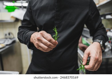 A chef in a professional kitchen holds fresh rosemary herbs, with a focus on their hands and the herb. The background is blurred. - Powered by Shutterstock