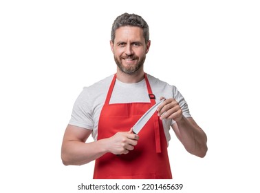 chef in red apron hold knife isolated on white background - Powered by Shutterstock