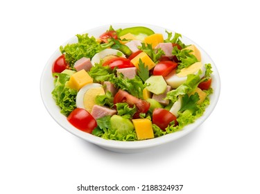 Chef Salad With Tomato, Cucumber, Lettuce, Ham, Bell Pepper, Cheese And Eggs In A White Bowl Isolated On White Background.