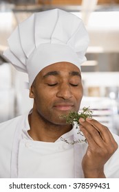 Chef Savouring Aroma Of Herbs