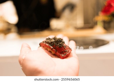 Chef served tuna sushi on hand , Tuna Nigiri, Sushi Tuna, Japanese food style, Japanese menu, maguro sushi, selective focus - Powered by Shutterstock