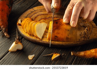 A chef skillfully cuts vibrant orange beetroot vegetables on a wooden cutting board. The warm kitchen ambiance enhances the focus on fresh ingredients for a delectable dish. - Powered by Shutterstock