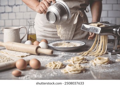 Chef skillfully preparing fresh pasta with eggs and flour, showcasing traditional Italian cooking techniques. Perfect for food photography, culinary arts, and homemade pasta. - Powered by Shutterstock