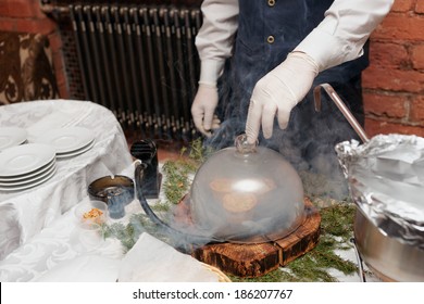 Chef Is Smoking A Dish Before Serving, Modern Cooking Technique