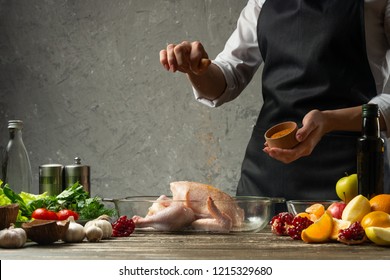 Chef Sprinkles Frozen Paprika, Chicken With Fruit Close Up, Background For Recipe Book, Menu, Instagram