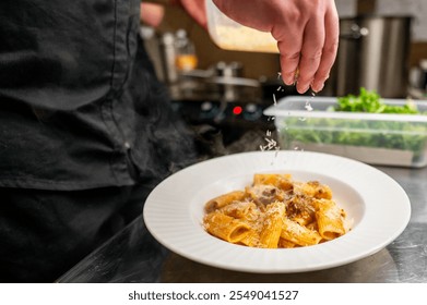 A chef sprinkles grated cheese over a plated dish of rigatoni pasta, showcasing a delicious culinary preparation in a modern kitchen setting. Steamy and inviting atmosphere. - Powered by Shutterstock