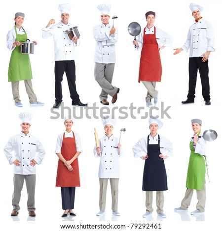 Chef team.  Isolated over white background. Gourmet.